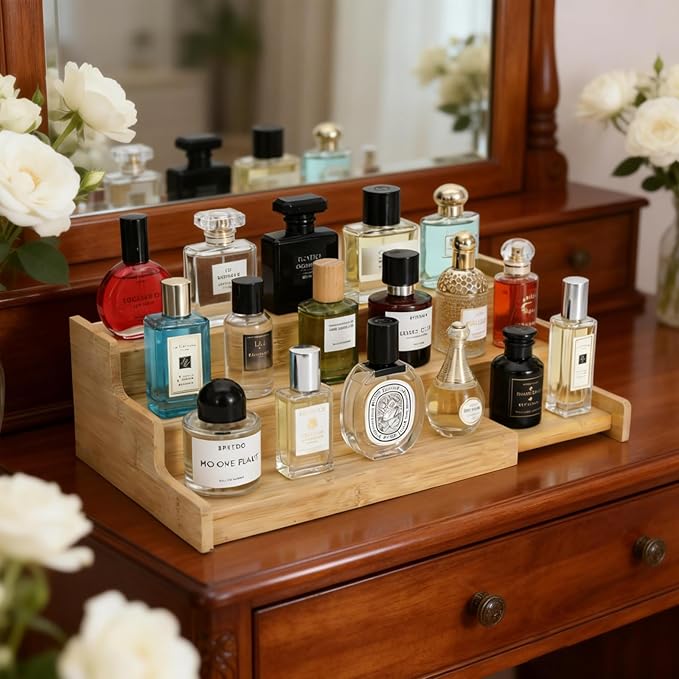 Cologne Organizer for Men, 3-Tier Wooden Perfume Organizer, Adjustable & Extendable Makeup Organizer, Display Stand for Party, Makeup, Figures, Cupcake, Perfume, Dessert, 9.4in-15.7in