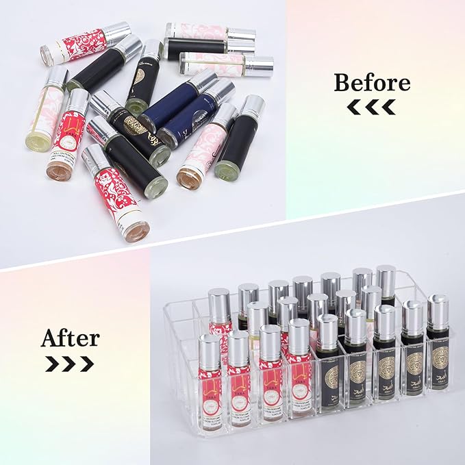 Rollerball Perfume Organizer, Beauty Scent Holder, 36 Space Clear Acrylic Perfume Organizer Refillable Container Tall Scented Oil Storage Display Case, Makeup Lipgloss Lipstick Display Case