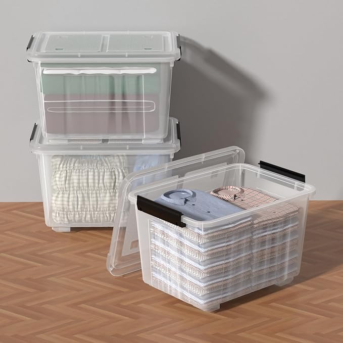 Zopnny 50 Qt Stackable Plastic Storage Bins with Lids, 4 Pack - BPA-Free, See-Through Organizing Solution, Latches, Wheels, Durable Nestable Containers, Clear