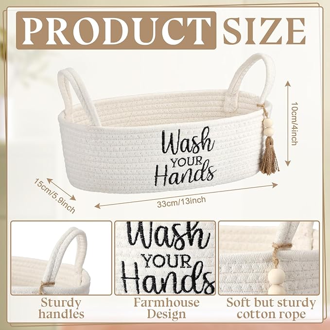 Wash Your Hands Bathroom Decoration Beige Cotton Rope Toilet Basket Toilet Paper Holder Basket Rustic Bathroom Organizer Farmhouse Home Decoration Organizing Small Baskets
