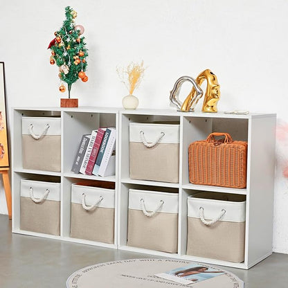 MidmmVick 12 x 12 Inch Cube Storage Bins, 6 Pack Large Collapsible Fabric Storage Bin with Ropes, Foldable Storage Cubes for Home, Office,Closet, Clothes, Toys Organizer (White & Beige)