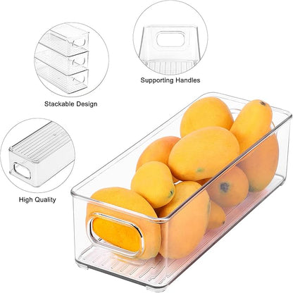 Stackable Plastic Food Storage Bin with Handles for Kitchen Pantry, Cabinet, Refrigerator, Freezer - Organizer for Fruit, Yogurt, Squeeze Pouches - BPA Free, 10" Long - 2 Pack – Clear