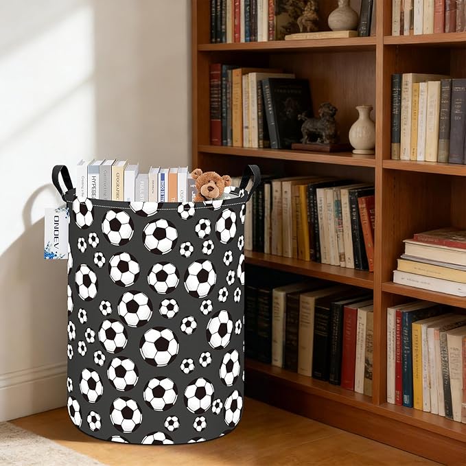 Round Soccer Laundry Basket,Collapsible Laundry Hamper for Nursery,Football Toy Storage Bin for Kids Boys,Waterproof Storage Basket for Home,Bedroom,Playroom(Soccer)