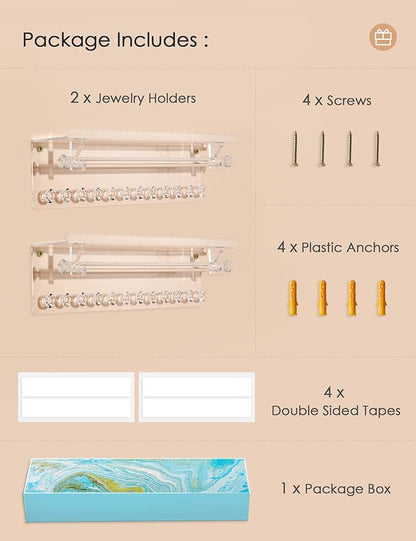 Acrylic Hanging Jewelry Organizer Wall Mounted Necklace Holder and Stud Earring Organizer with Floating Shelf and Bracelet Holder Rod for Women Girls (2 Pack)