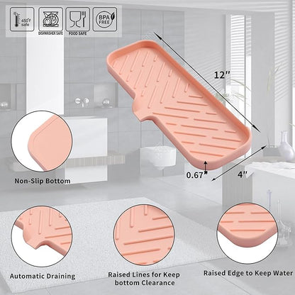 MicoYang Silicone Bathroom Soap Dishes with Drain Spout-Bathroom and Kitchen Sink Organizer,Sponge Holder,Dish Soap Tray,Perfect for Dispenser,Scrubber,Bottle,Cup on Sink or Counter-Pink 12"×4"