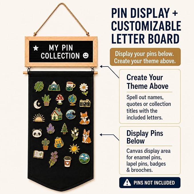 Enamel Pin Display Banner with Customizable Felt Letter Board and 170+ Letters, Hanging Canvas Pin Organizer for Lapel Pins, Brooches & Badges, Wall Display for Pin Collectors, Bedroom Dorm Decor