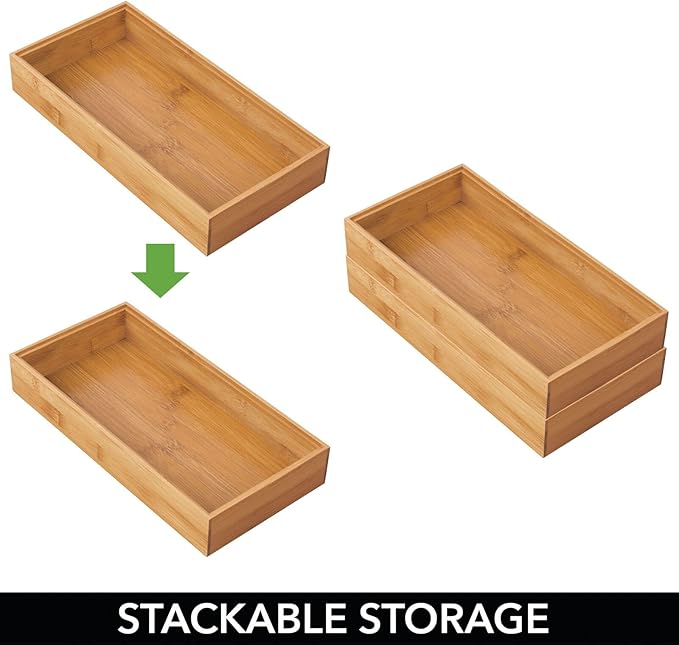 mDesign Wooden Bamboo Drawer Organizer - 12" Long Stackable Storage Box Tray for Kitchen Drawers/Cabinet - Utensil, Silverware, Spatula, and Flatware Holder - Echo Collection - 4 Pack, Natural Wood