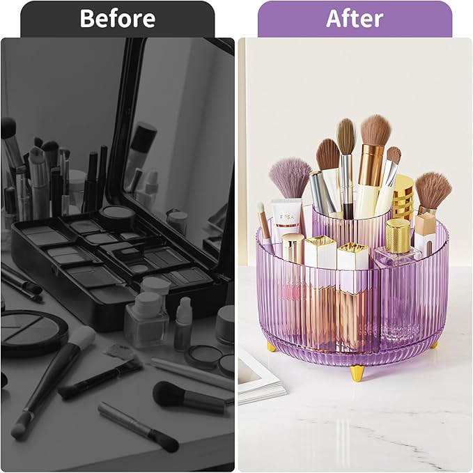 Clear Rotating Makeup Organizer Countertop for Vanity, 360° Makeup Brush Holder Organizer with 5 Compartments, Transparent Cosmetic Storage for Lipstick, Skincare, Bathroom Counter(Transparent Purple)