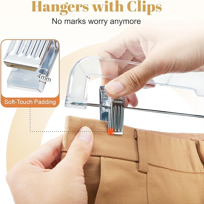 HOUSE DAY 50 Pack Skirt Hangers Pant Hangers with Clips, Clear Plastic Hangers for Pants, Skirts, Shorts, Versatile Use Clip Hanger, Retail Hanger