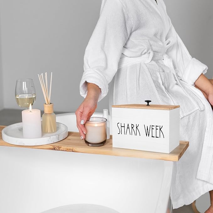 Tampon Holder for Bathroom, Feminine Product Organizer with Lid, Shark Week Tampon Storage Pad and Lady Stuff Box Tampon Organizer for Bathroom (White)