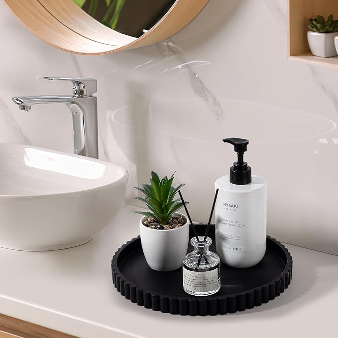 Round Bathroom Tray Silicone Kitchen Counter Decor Vanity Organizer Decorative Coffee Table Tray for Perfume, Candle, Soap Dish, 10 Inch, Black