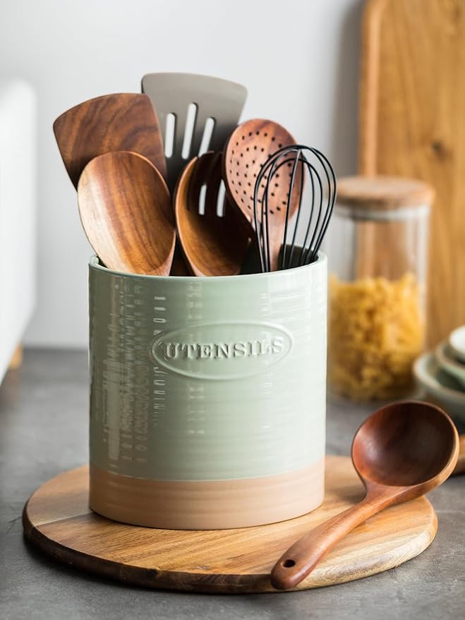 YHOSSEUN Kitchen Utensil Holder, Ceramic Utensil Holder for Kitchen Counter 6.7" Large Cooking Utensil Crock Farmhouse Utensil Organizer Storage, Oval Opening, Green