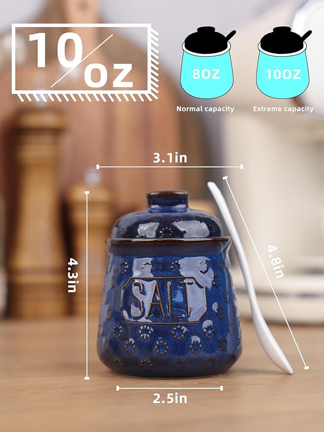 Salt & Pepper Bowl with Lid and Spoon, 10 OZ Ceramic Spices Cellar for Kitchen Counter top, Farmhouse Kitchen Decor (Vntage Blue, 4.3" Label Salt)