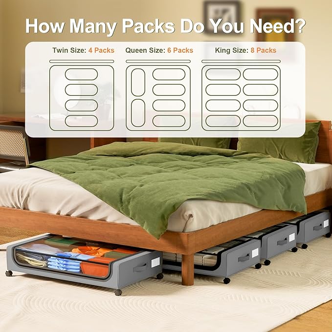 GoMaihe Under Bed Storage with Wheels: 48L Underbed Storage Containers with Lids - Rolling Bins for Shoes Clothes in Dorm Bedroom - Metal Drawers Easy Pull-out Grey 4-Pack