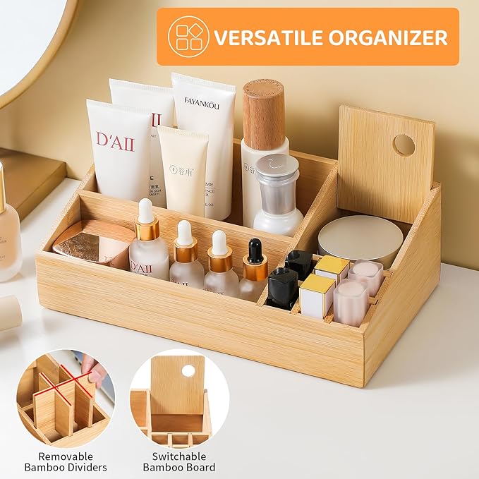 Bamboo Makeup Desk Organizer, Makeup Storage Organization Table Box, Suitable for Desk Organizer and Storage Dressing Table, Bathroom Desk, Counter