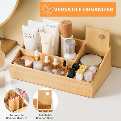 Bamboo Makeup Desk Organizer, Makeup Storage Organization Table Box, Suitable for Desk Organizer and Storage Dressing Table, Bathroom Desk, Counter
