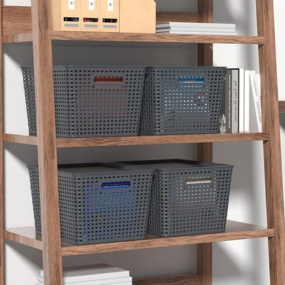 6-Pack Large Plastic Storage Baskets with Lid, Lidded Storage Organizer Bins, Gray