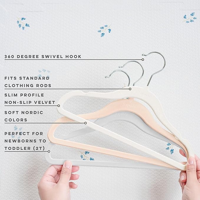 3 Sprouts Velvet Baby Hangers - Non-Slip Hangers for Infant and Toddler Clothes - Slim Space-Saving Design with Nordic Colors for Nursery - 30 Pack - Assorted Cream, Grey, Hazelnut
