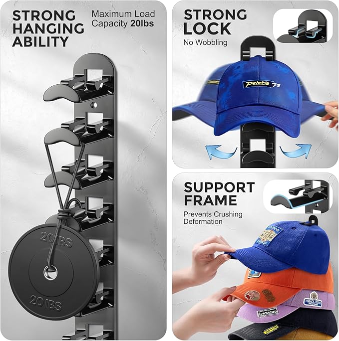 2 Pack Hat Organizer for Baseball Caps, Hat Rack for Wall Hold Up to 20 Hats, Hat Holder with Strong Adhesive and Screws, Hat Organizer Wall Mounted Hat Hanger Display for Door Closet Bedroom(B-Black)