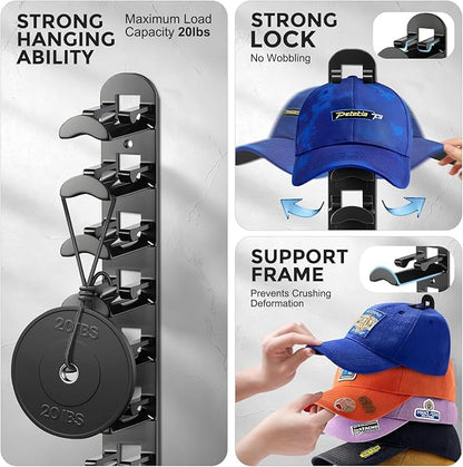 2 Pack Hat Organizer for Baseball Caps, Hat Rack for Wall Hold Up to 20 Hats, Hat Holder with Strong Adhesive and Screws, Hat Organizer Wall Mounted Hat Hanger Display for Door Closet Bedroom(B-Black)