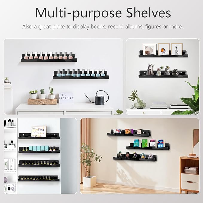 Nail Polish Wall Rack, 6-Shelf 15-Inch Black Acrylic Nail Polish Shelves with Removable Ends – Multi-Purpose Shelf for Essential Oils, Cosmetics Storage and Display for Salons and Bathrooms