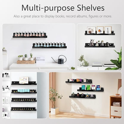 Nail Polish Wall Rack, 6-Shelf 15-Inch Black Acrylic Nail Polish Shelves with Removable Ends – Multi-Purpose Shelf for Essential Oils, Cosmetics Storage and Display for Salons and Bathrooms