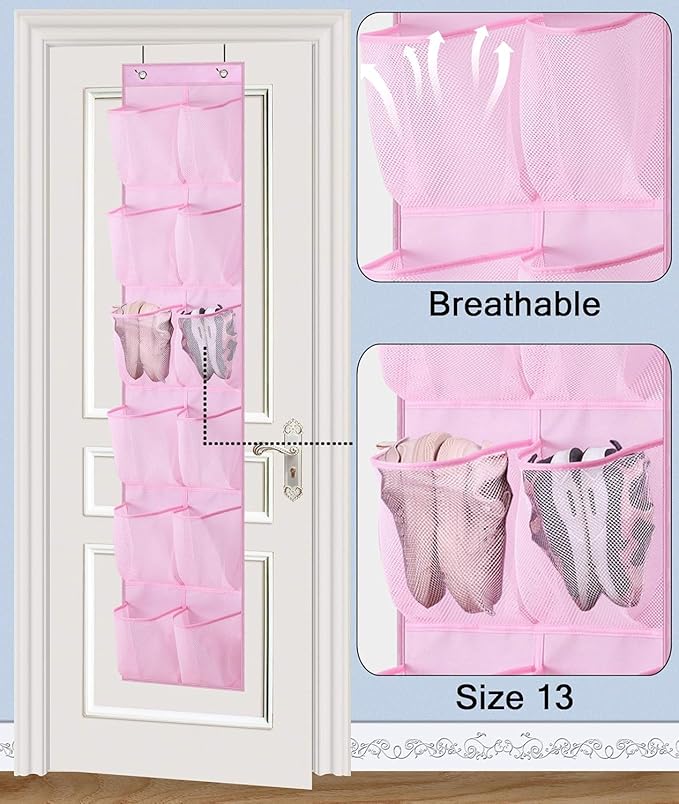 MISSLO Over The Door Shoe Organizer 12 Large Mesh Pockets, White + Pink