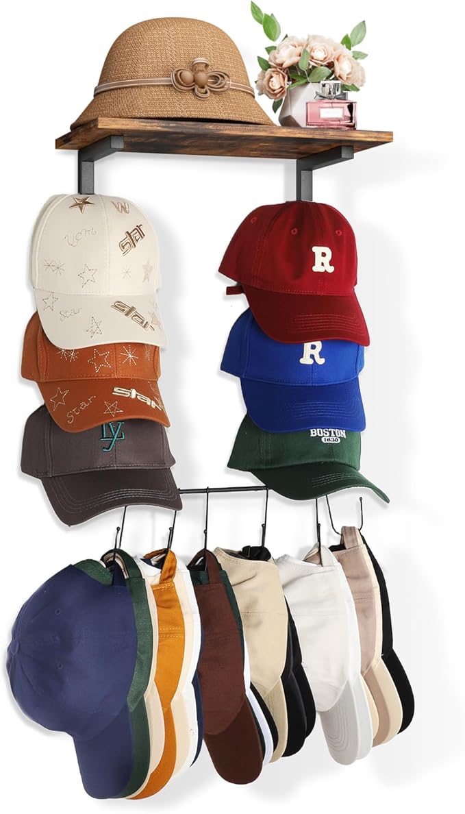 Keebofly Wall Hat Rack with Shelf, Multi-function Baseball Cap Organizer & Holder with 12 Hooks，Displays & Stores 60+ Caps, Multi-Level Wall Mount Hat Organizer Stand for Closet, Entryway, Bedroom