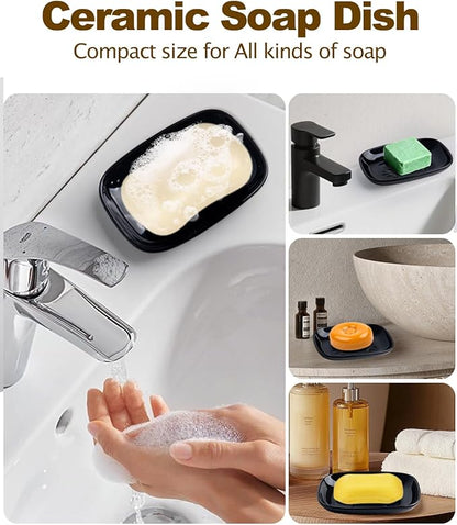 Ceramic Soap Dish for Bathroom and Kitchen, Non-Slip Bar Soap Holder with Fast Drain Design, Soap Saver Tray for Sink, Black