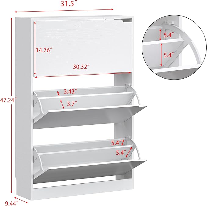 HUANLEGO Shoe Cabinet for Entryway, White Shoe Storage Cabinet with Doors 3 Flip Drawers Hidden Shoe Cabinet Modern Shoe Rack Storage Organizer for Entryway,Closet, Living Room,Hallway