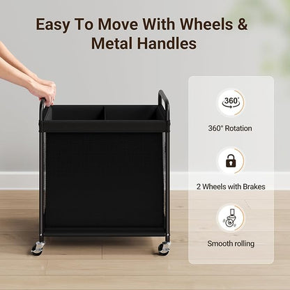ELYKEN Laundry Hamper 2 Section, 100L Rolling Laundry Sorter with Removable Liner Bag, Laundry Basket with Wheels, Steel Frame with Metal Handle, Clothes Hamper Cart for Laundry Room & Bedroom