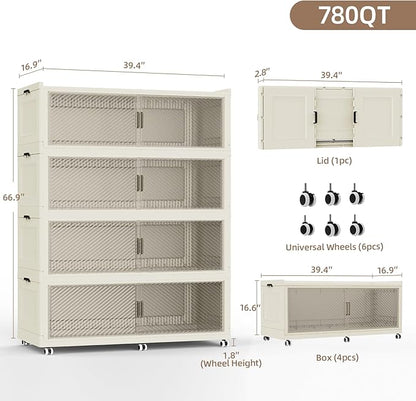 SAILUN 320Gal Extra Large Stackable Storage Bins with a Lid, Collapsible Storage Bins With Doors and Wheels, Foldable Storage Cabinet for Garage Closet Organization, Beige, 4Pack 39.4" W