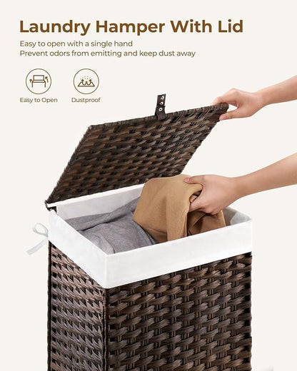 Greenstell Laundry Hamper with Lid, 60L Clothes Hamper with 2 Removable Liner Bags & 2 Mesh Laundry Bags, Handwoven Synthetic Rattan Laundry Basket for Clothes, Toys in Bathroom, Bedroom Brown