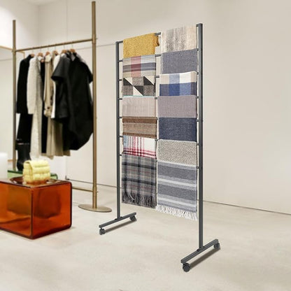 Floor Standing Scarf Display Stand with 360 Swivel Caster Wheels, Movable Freestanding Scarf Floor Standing Display Rack, Belt Shawl Hijab Organizer for Boutique Display (Black)