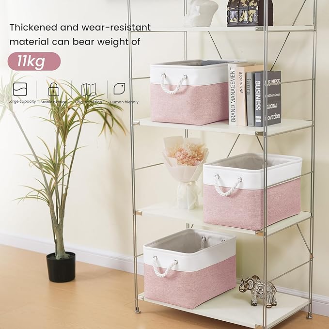 Large Storage Baskets- 15x11x10 inch Storage Bins for Shelves and Closet Organizing, Foldable Fabric Bin for Home Organization Clothes and Laundry (6-Pack, White&Pink)