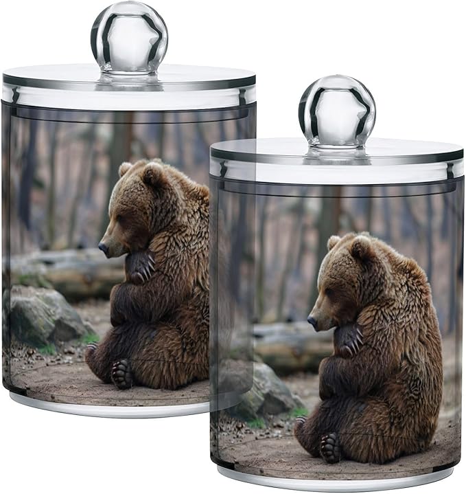 Sitting Bear Pattern Qtip Holder 4 Pack - 10 Oz Clear Plastic Apothecary Jar Set for Bathroom Organization - Versatile Canister Storage for Cotton Balls, Swabs, Rounds