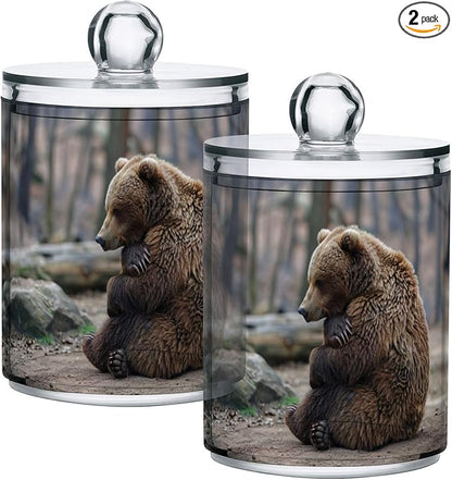 Sitting Bear Pattern Qtip Holder 2 Pack - 10 Oz Clear Plastic Apothecary Jar Set for Bathroom Organization - Versatile Canister Storage for Cotton Balls, Swabs, Rounds