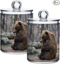 Sitting Bear Pattern Qtip Holder 2 Pack - 10 Oz Clear Plastic Apothecary Jar Set for Bathroom Organization - Versatile Canister Storage for Cotton Balls, Swabs, Rounds