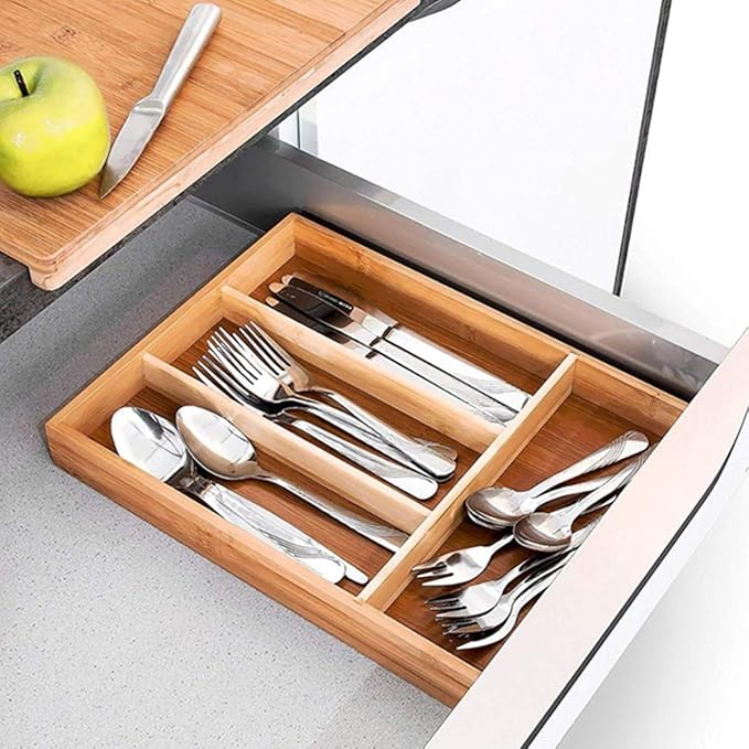2 Pack Utensil Bamboo Silverware Organizer - 4 Compartments - Bamboo Hardware Jewelry Drawer Holder Kitchen Knives Tray Organizer