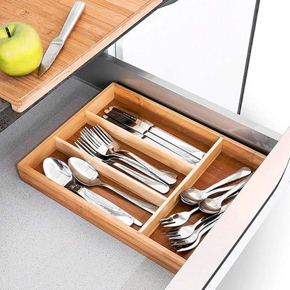 2 Pack Utensil Bamboo Silverware Organizer - 4 Compartments - Bamboo Hardware Jewelry Drawer Holder Kitchen Knives Tray Organizer