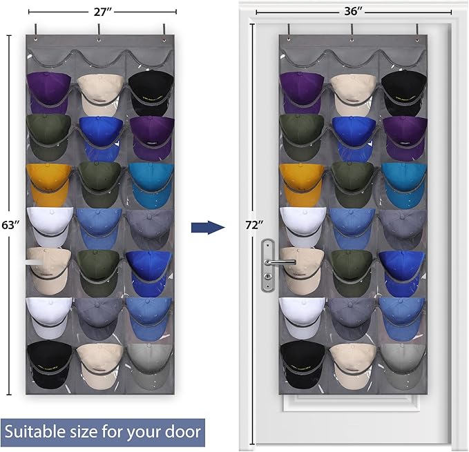 Dofilachy Hat Rack - Hat Organizer - Hat Racks for Baseball Caps, Visible Hat Holder - Baseball Cap Rack for Wall Door with 3 Hooks, 24 Deep Pockets (Dark grey, 1 pack)