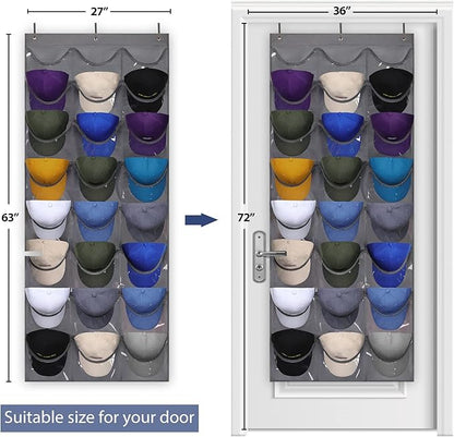 Dofilachy Hat Rack - Hat Organizer - Hat Racks for Baseball Caps, Visible Hat Holder - Baseball Cap Rack for Wall Door with 3 Hooks, 24 Deep Pockets (Dark grey, 1 pack)