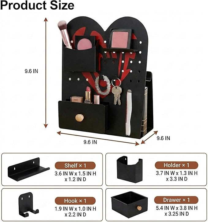 Magnetic Pegboard Organizer for Office Desk, Makeup Vanity, Stationery Storage, Gaming Desktop with 4 Metal Accessories Drawer Holder Hooks Modular - Home Decor Tabletop Display Kids Room - Black