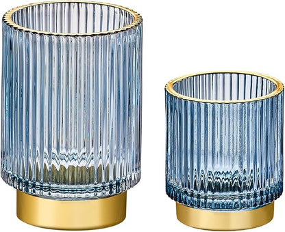 Makeup Brush Holder Organizer,Toothbrush Holders,Desk Pen Pencil Holder,Multifunctional Vintage Glass Brush Cup（S+L/Blue/A3-3-US）