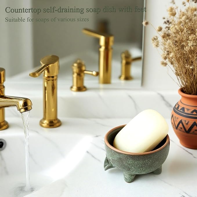 Soap Dish with Drainage，Ceramic Self Draining bar Soap Holder for Shower，Bathroom，Sink，Kitchen and Countertop，Keeps Bars Dry& Lasts Longer，Avocado Green