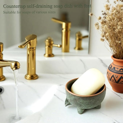 Soap Dish with Drainage，Ceramic Self Draining bar Soap Holder for Shower，Bathroom，Sink，Kitchen and Countertop，Keeps Bars Dry& Lasts Longer，Avocado Green