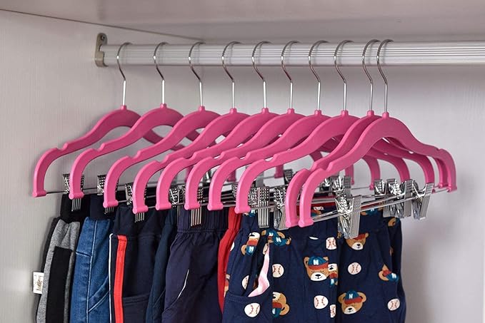 Quality Kids Children's Plastic Non Velvet Non-Flocked Thin Compact Shirt and Skirt/Pant Bundle Coat Hangers with Metal Clips for Skirts Pants Blouses 360° Swivel Hook, Jacket, Pink