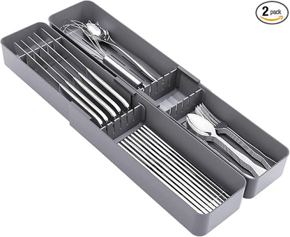 Kitchen Drawer Silverware Organizer, Adjustable Cutlery Organizer, Expandable Utensils Holder, Silverware Dividers Tray, Storage for Flatware, Large Drain Board (Gray,2 Sets)