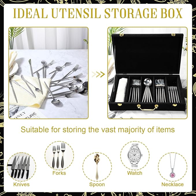 Pickmesh Silverware Case with Lid and Handle, Silverware Storage Box Sterling Silver Flatware Chest Without Silver Tarnish Proof Utensils Organizer for Kitchen Decor Wedding Gifts(Black,1 Layer)