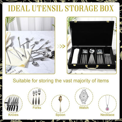 Pickmesh Silverware Case with Lid and Handle, Silverware Storage Box Sterling Silver Flatware Chest Without Silver Tarnish Proof Utensils Organizer for Kitchen Decor Wedding Gifts(Black,1 Layer)